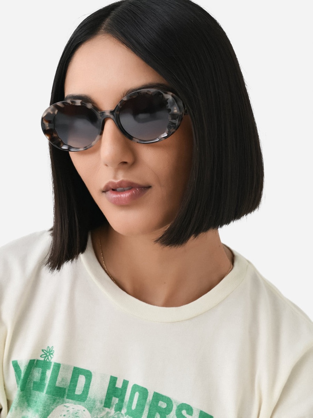 KREWE Alixe Scalloped Oval Sunglasses in Gray Tortoise with Case - Picture 3 of 5